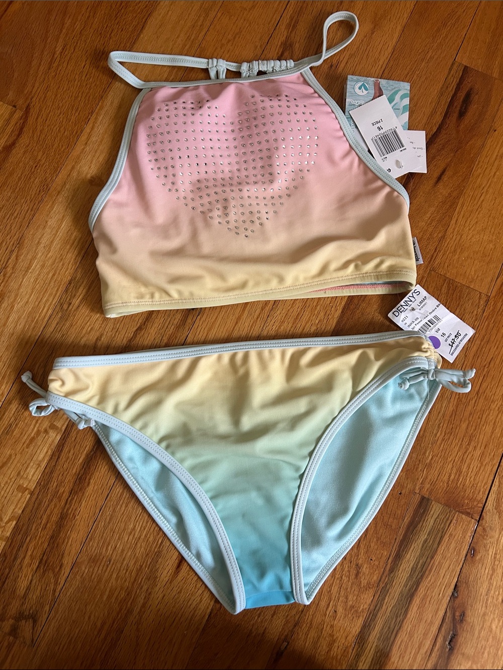 Limeapple Pink Yellow Blue Ombre Girls Two-Piece Bikini with Rhinestone Heart